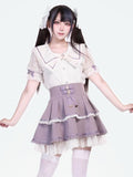 Jirai Kei Bluse mit Schleife, lila-weißem Kragen, Schleifen und Kronenbrosche