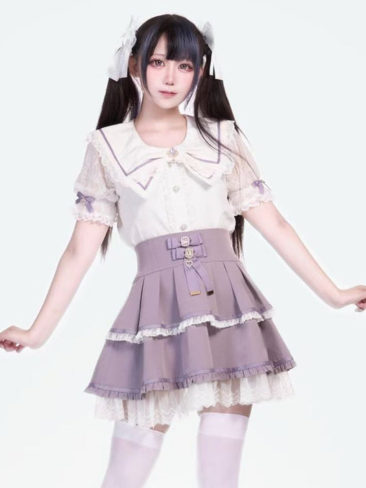 Jirai Kei Bowknot Blouse with Purple White Collar Bowknots and Crown Brooch