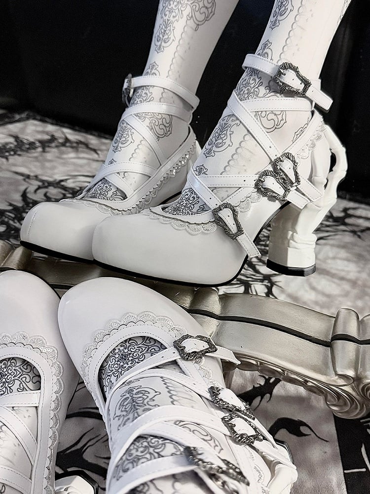 White Gothic Lolita 7cm Bone Heels with Cross Straps & Delicate Lace Detail - sphenoid