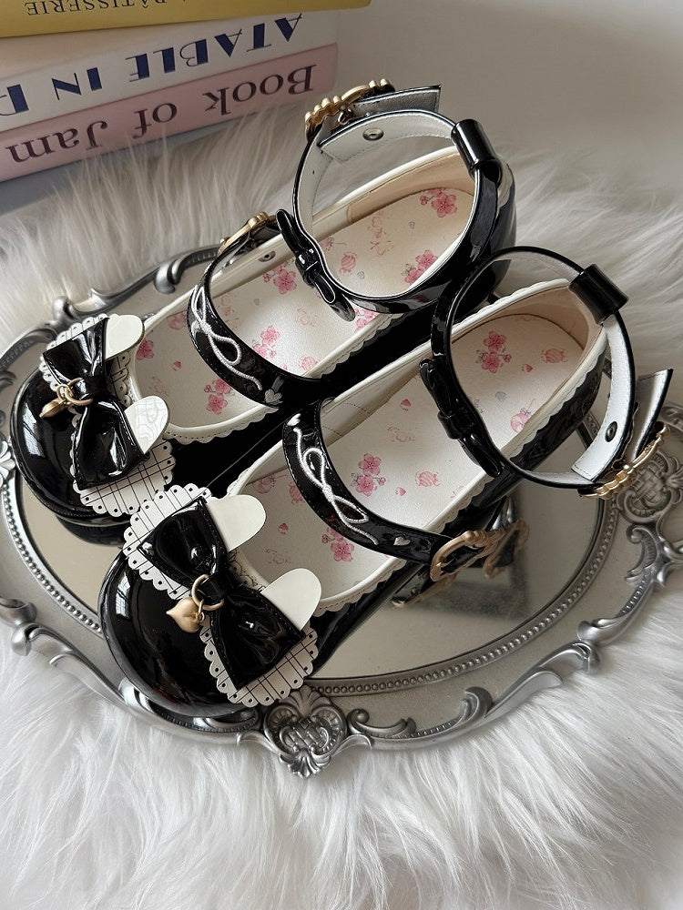 Mid-heel Black Janes Snap Closure Bunny Hem with Mary Heart-shaped Scalloped Lolita Sweet Themed