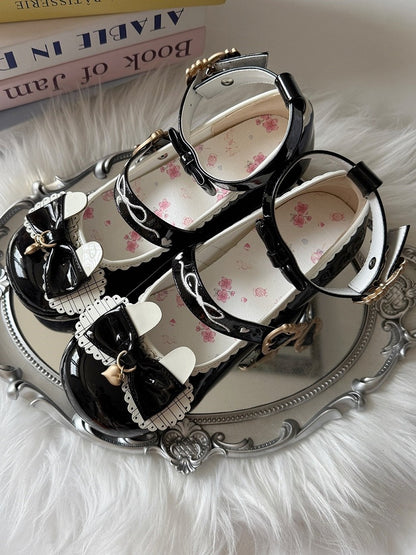Mid-heel Black Janes Snap Closure Bunny Hem with Mary Heart-shaped Scalloped Lolita Sweet Themed