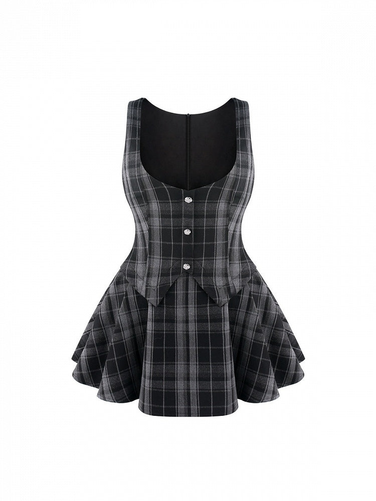 Preppy Black Plaid Faux Two-Piece Pinafore Dress - serendipity