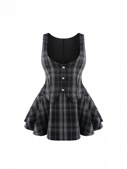Preppy Black Plaid Faux Two-Piece Pinafore Dress - serendipity