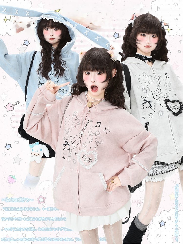 Ear with Gray/Pink Bunny Bow Regular/Thicken Lace-Trimmed Blue/Light Hoodie Accents