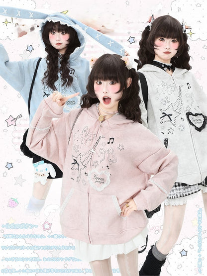 Ear with Gray/Pink Bunny Bow Regular/Thicken Lace-Trimmed Blue/Light Hoodie Accents