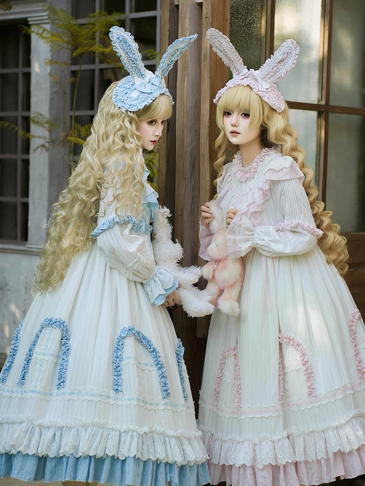 Dress and Long Ruffle White Pink with Sleeves Sweet Details Sash Lolita