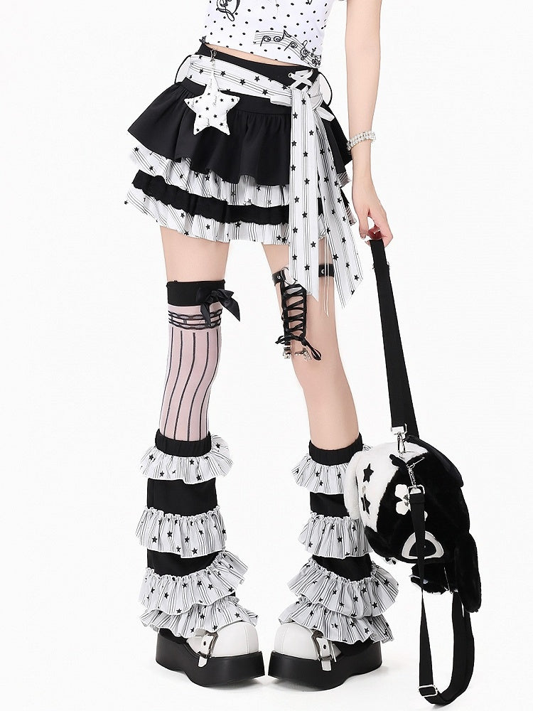 Sweet Edgy Kawaii White & Black Tiered Skirt with Star Print and Waist Tie + Matching Leg Warmers Set - CRAZY GIRL