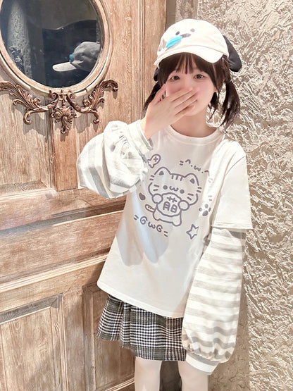 ホワイトキティプリントストライプ長袖Tシャツ