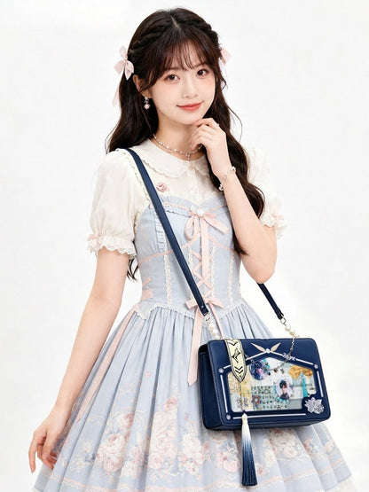Blue Transparent Window Embroidery Ita Bag with Beaded Tassel - thejunco