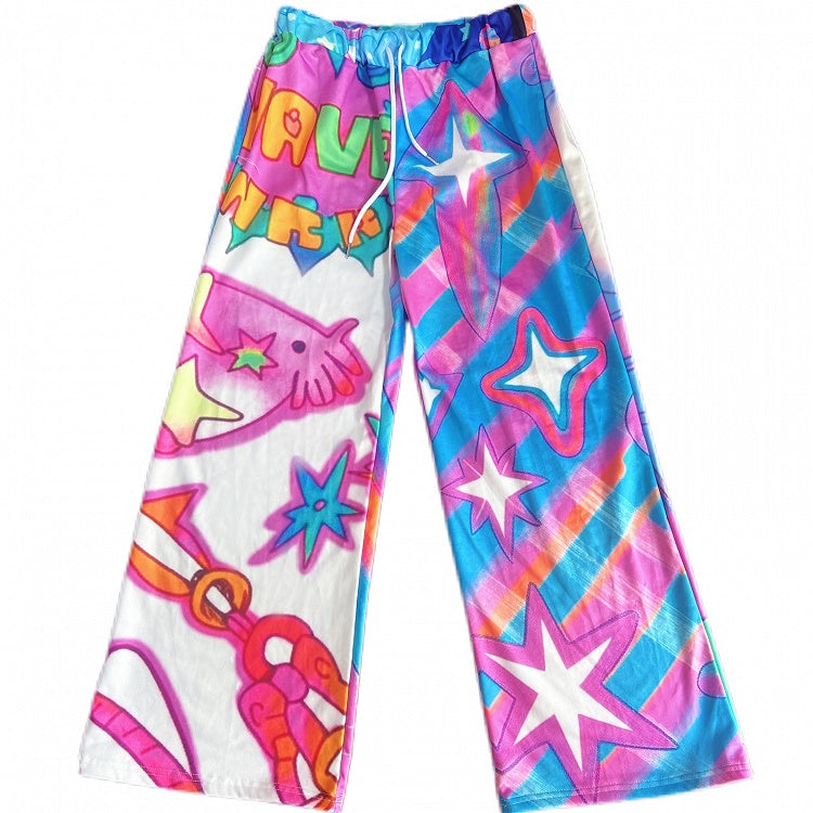 カットアンドプリントのカラフルな漫画パンツスターY2Kワイドレッグ