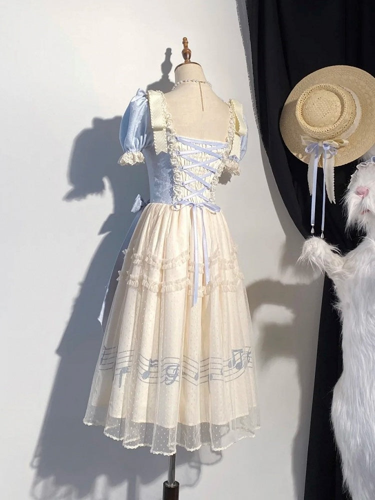 Lolita Blue Note Version Elegant Lace Dress Classic Musical Short Print Beige Violin Embroidery with