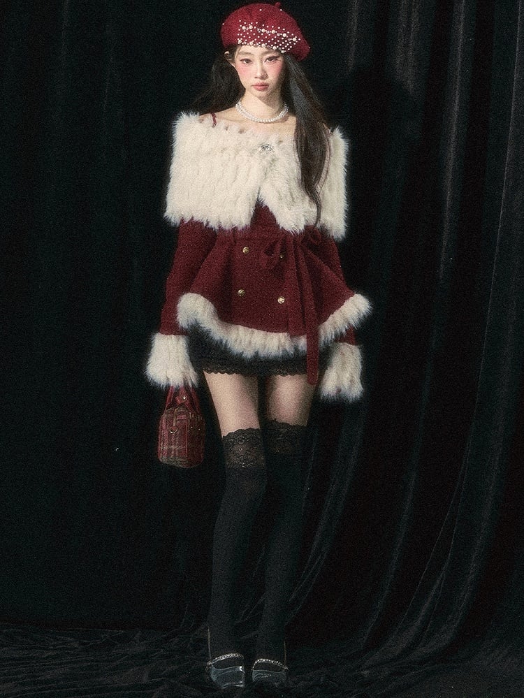 Eleganter Mantel mit schulterfreiem Ausschnitt in Weihnachtsrot/Weiß und abnehmbarem Plüschschal