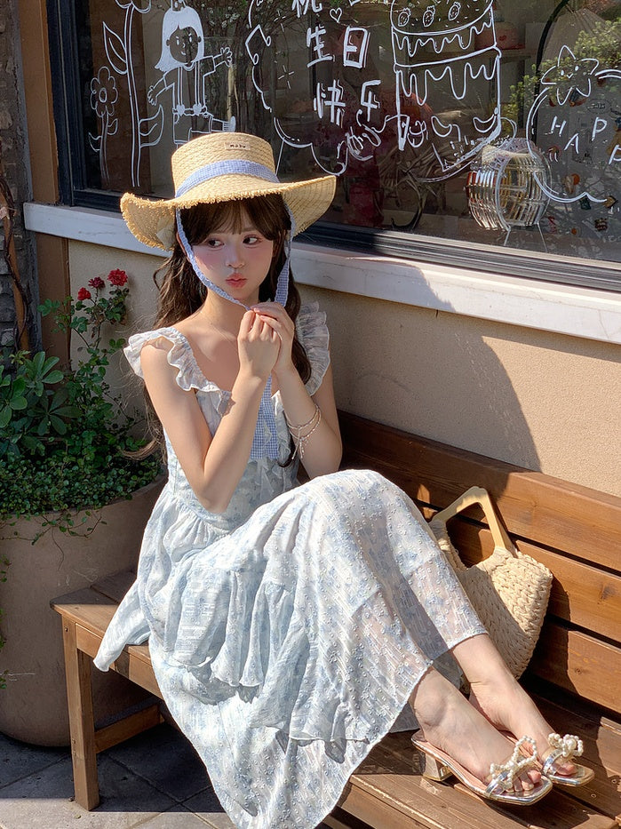 Sleeves Cascading Ruffle Accents Floral Sleeveless Dress Light Blue Flutter