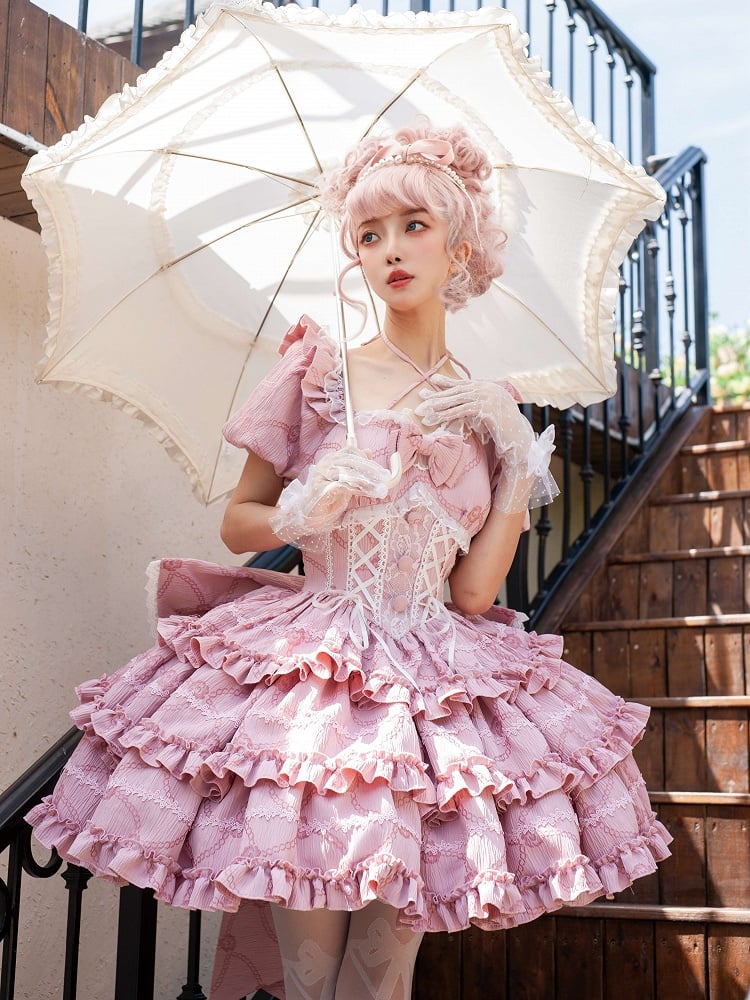 Rüschen hinten groß an Schleife Ausverkauf Rock Größe Lolita Taille Kleid Prinzessin Brust 86-96CM OP M mit für Korsett - Pink