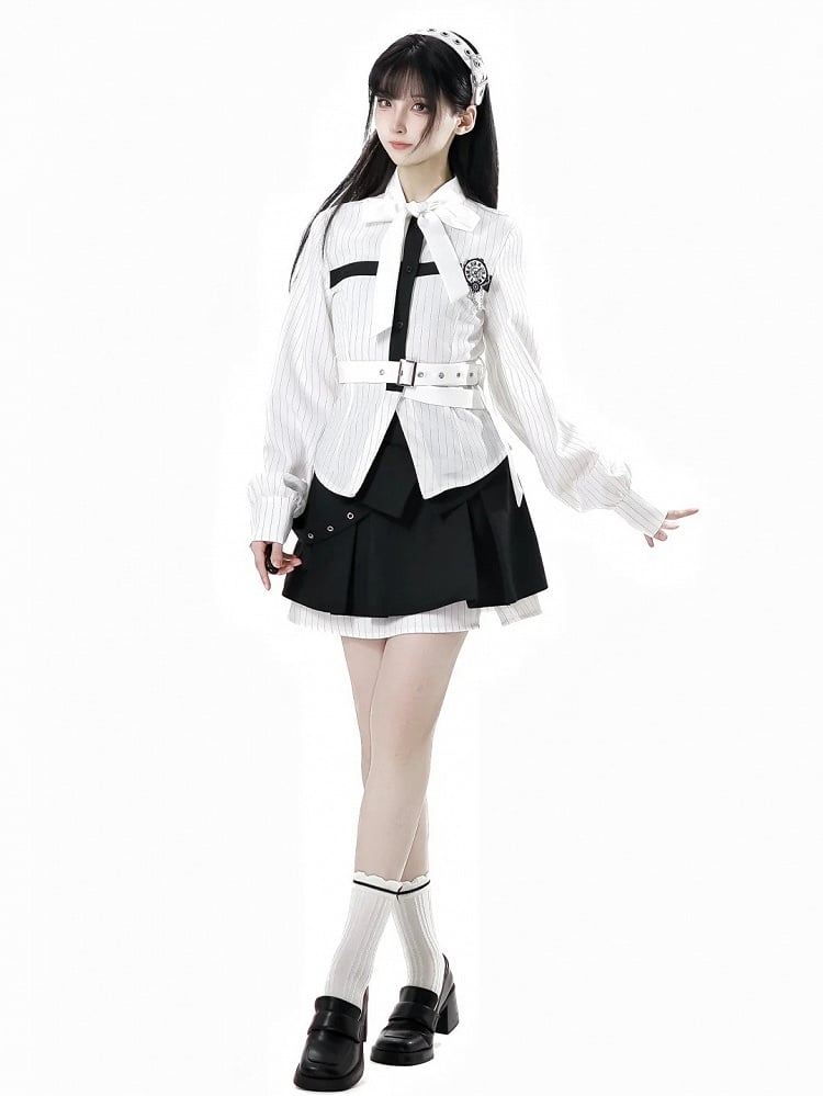 取り外し可能な蝶の時計ブローチ付きシャツ、リボン、黒のセルフタイ、白のストライプ、クロスデザイン