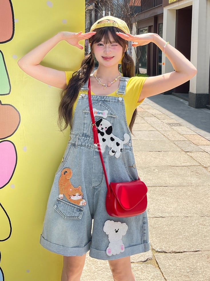 Blue High Detachable Waist Kitty Denim Overalls and Puppy Appliques with