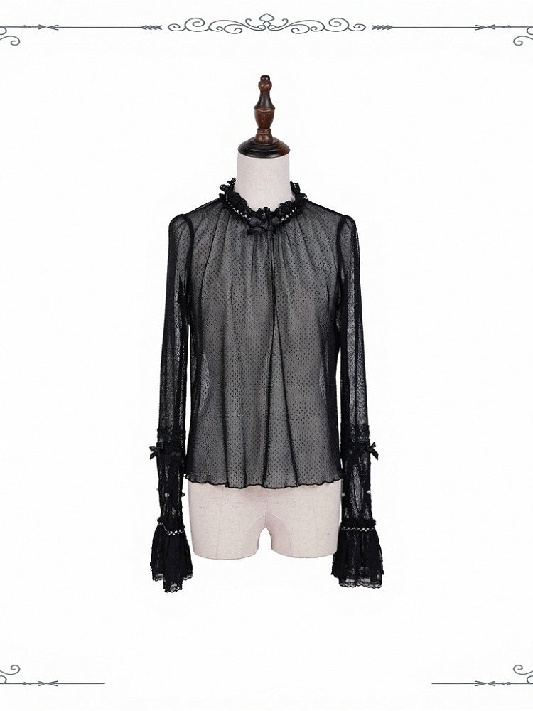 Black Ruffle Cuff Lace Long-Sleeve Shirt - iris de nuit