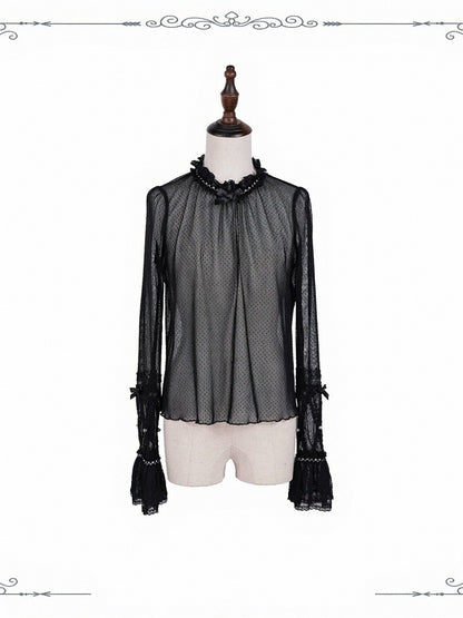 Black Ruffle Cuff Lace Long-Sleeve Shirt - iris de nuit