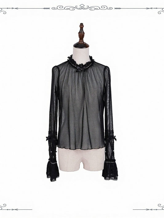 Black Ruffle Cuff Lace Long-Sleeve Shirt - iris de nuit