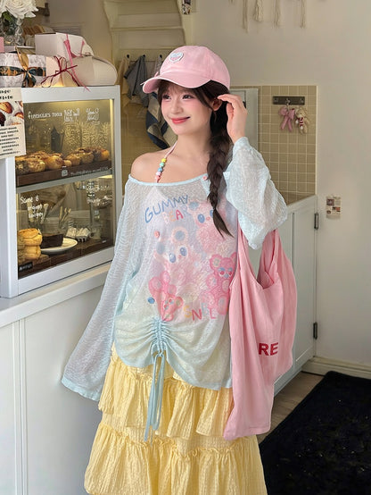 ブルー/ピンクのキュートなセミシースルーヘムの漫画プリントドローストリングトップス