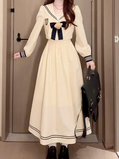 Blue Lolita Long-Sleeve Maxi Beige + Dark Top Dress Collar Set Sailor