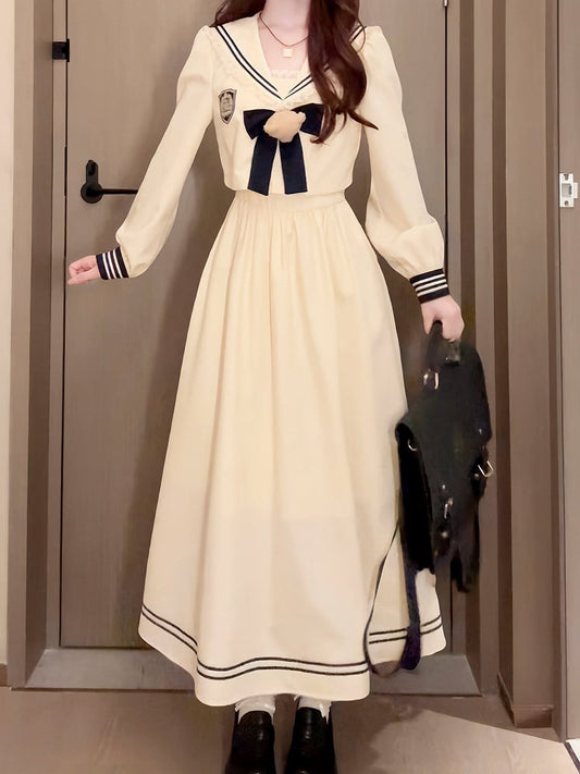 Blue Lolita Long-Sleeve Maxi Beige + Dark Top Dress Collar Set Sailor