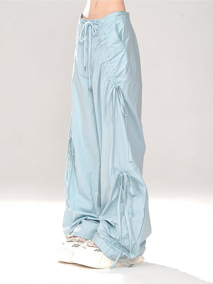 Blue Low Waist Wide-Leg Pants with Asymmetrical Drawstring Bows