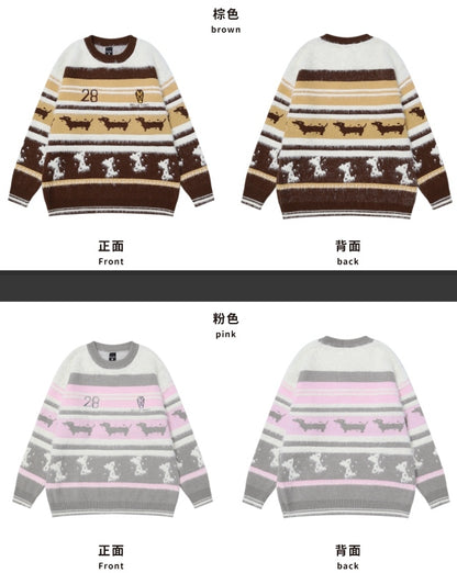 Camel and Brown Cute Dachshundsand Bones Round Neck Striped Sweater