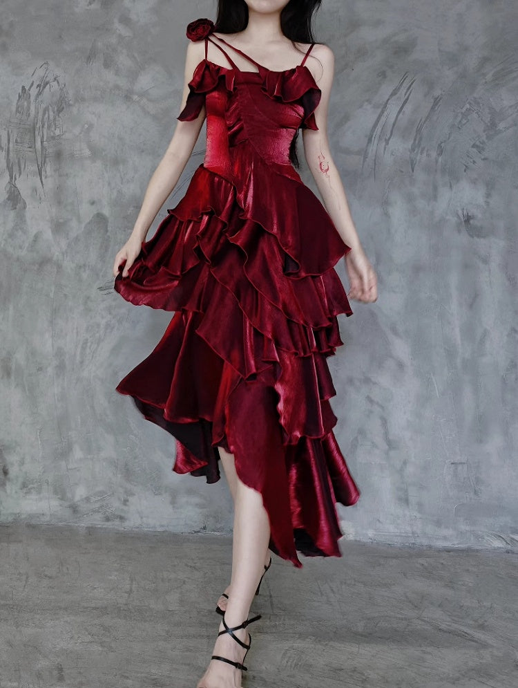 Evening Gown Red Shimmer Flounce Spaghetti Strap Prom - Eas Candy
