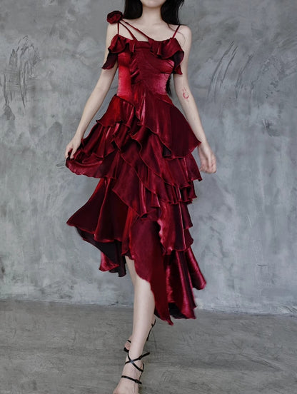 Evening Gown Red Shimmer Flounce Spaghetti Strap Prom - Eas Candy