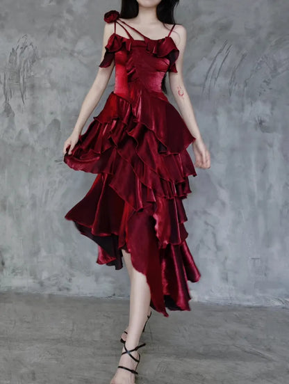 レッドシマー アシンメトリー レイヤード フラウンス スパゲッティストラップ プロムドレス イブニングガウン