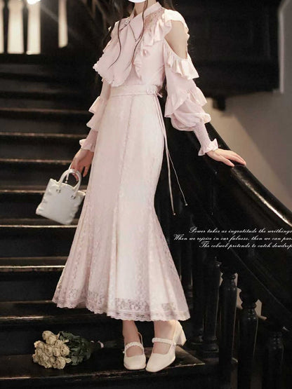 Sakura Pure with Blouse Elegant Kei Clean Cutout Aesthetic Shoulders Jirai Flounce Pink