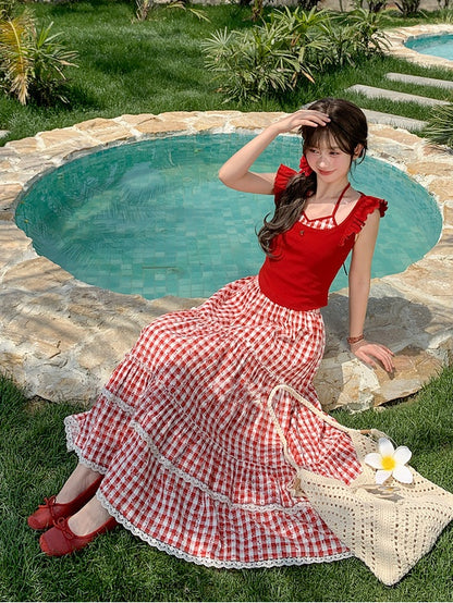 Red Halter Neck Flutter Sleeves Cherry Embroidery Neckline Faux Two-pieces Tank Top