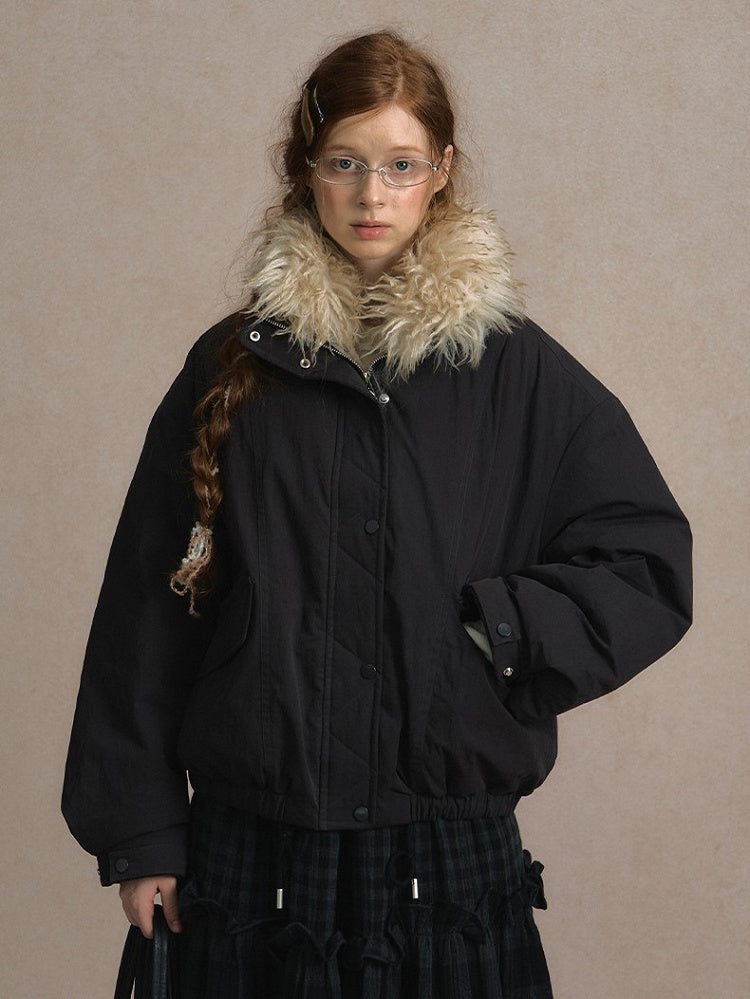 Dark Gray/Beige Cozy Short Down Jacket Fur Faux with Detachable Collar