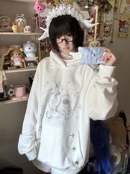White Casual Rabbit Pattern Hoodie with Star Decoration - NEMU