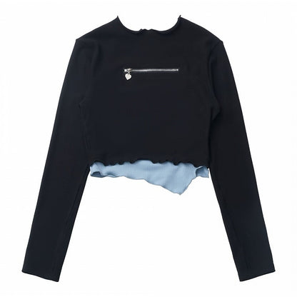 Blau-schwarzes Fake-Zweiteiler-Top mit Rundhalsausschnitt