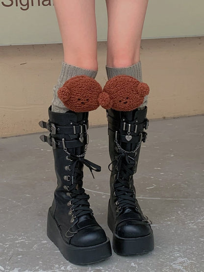 ホワイト/カーキ/ライトグレー/コーヒーのニットレッグウォーマー（子犬のぬいぐるみ付き）