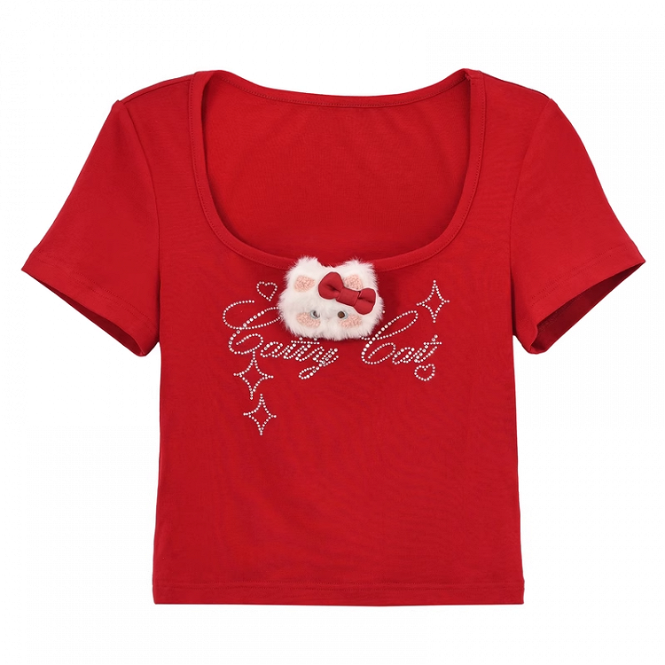詳細 取り外し可能なキティのぬいぐるみネックラインストーンレッドスクエア付きTシャツ