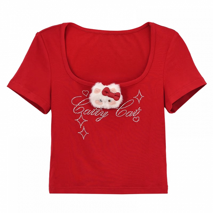 詳細 取り外し可能なキティのぬいぐるみネックラインストーンレッドスクエア付きTシャツ