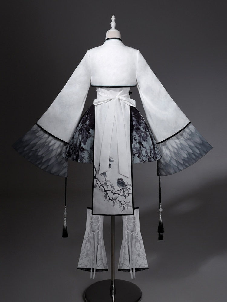 Hanfu-Inspired Plum Blossom Crop Top Set with Tassel Dress, Splatter Skirt, Leg Warmers - Han Ru Chu Hanfu & Han-Element Studi