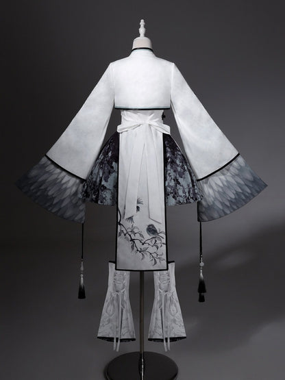 Hanfu-Inspired Plum Blossom Crop Top Set with Tassel Dress, Splatter Skirt, Leg Warmers - Han Ru Chu Hanfu & Han-Element Studi