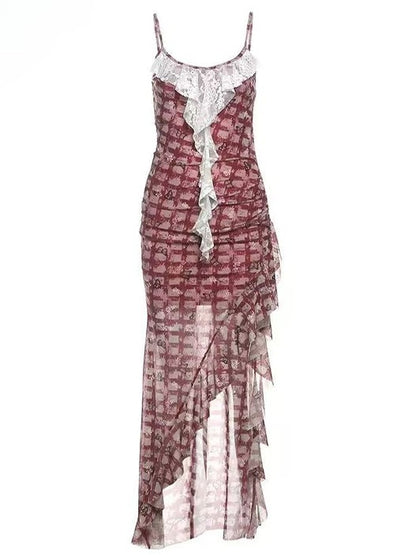 裾の華やかなほろ苦い柄の赤いスカートと白いドレスのキャミソールセット - チェック柄のレースの蝶の非対称 +