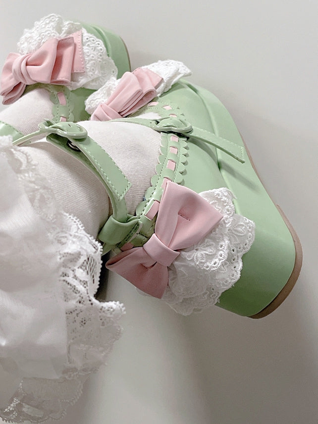 Buckles Heart at Bow Green Trim Platforms Apple Top Lace