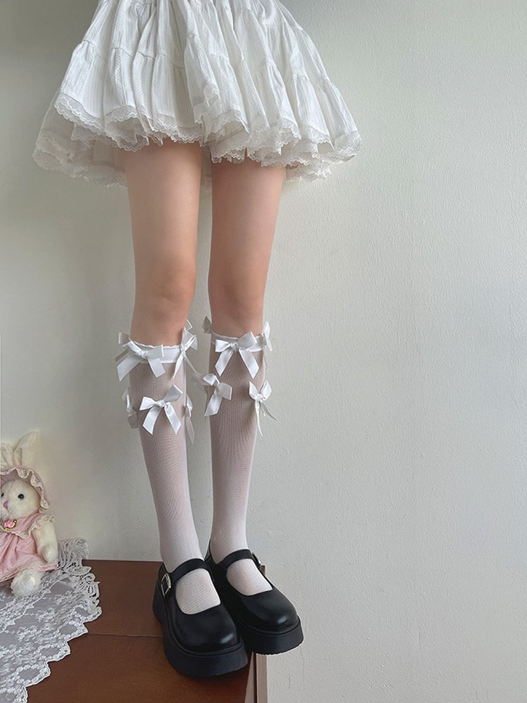 Bowknot Semi-sheer Details White/Black Stockings Underknee