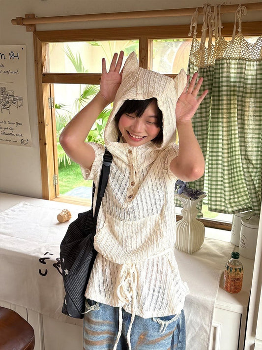 with Hoodie Kawaii Beige Devil Horn Drawstring Short Sleeve Waist