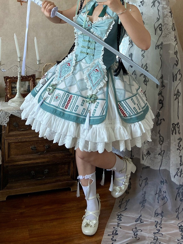 Mahjong-Themed Halter Top & Skirt Set in White & Green with Tassels - Maiden Portal