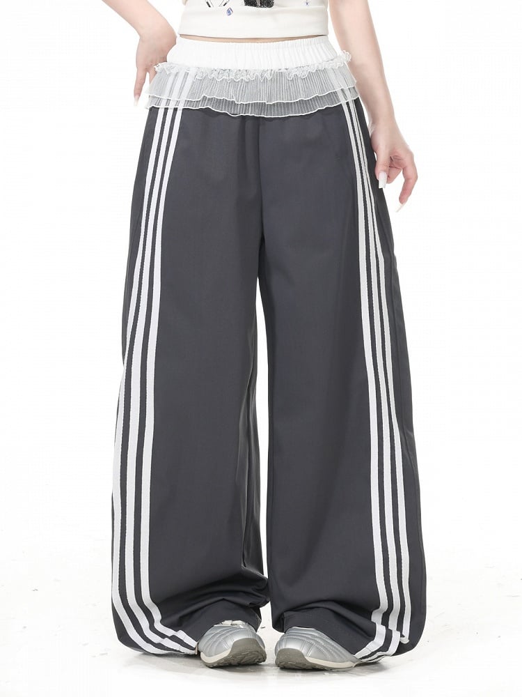 Black Striped Wide Leg Trousers with Layered Tulle Skirt - Languid Park