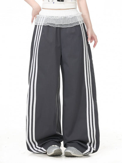 Black Striped Wide Leg Trousers with Layered Tulle Skirt - Languid Park