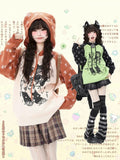 Orange Cartoon Kawaii - Pattern Pink/Green Sweater Girl and Star Drawstring Daily Hood