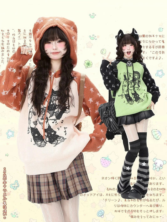 Orange Cartoon Kawaii - Pattern Pink/Green Sweater Girl and Star Drawstring Daily Hood